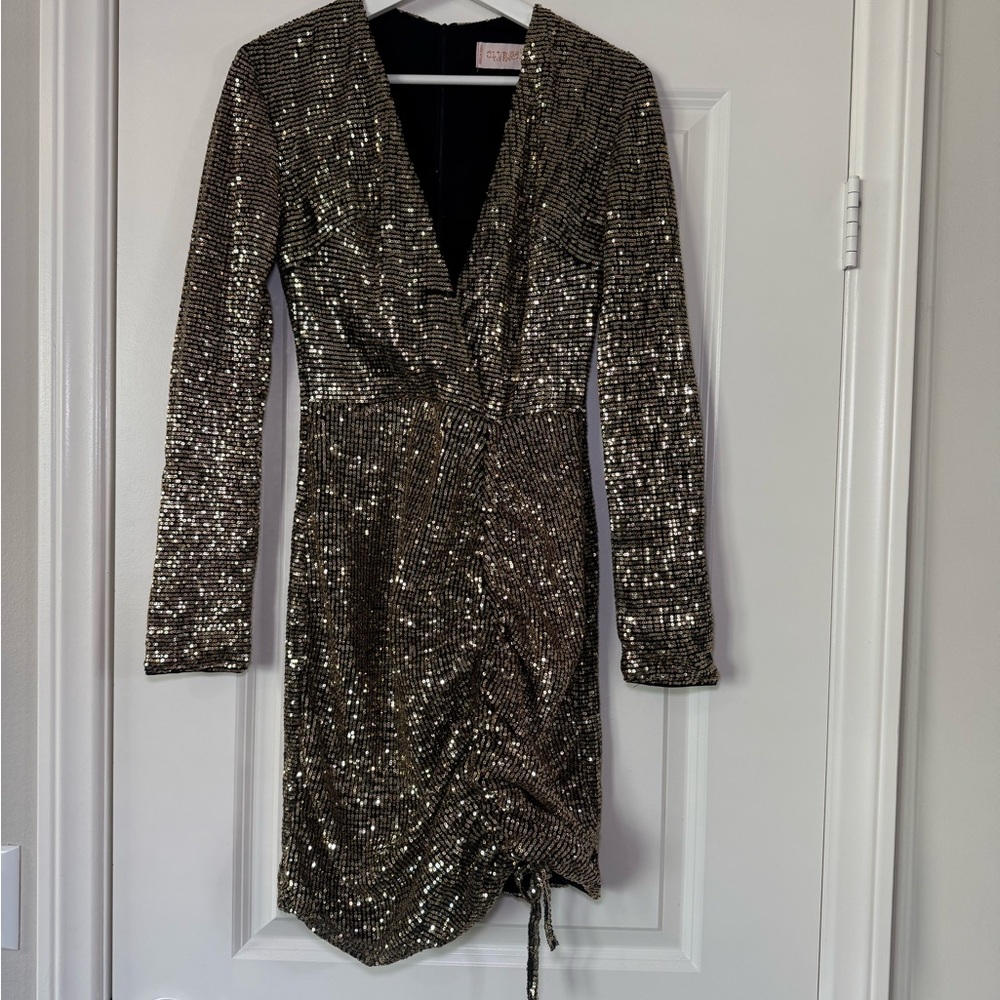 Sequin V-Neck Gold Dress